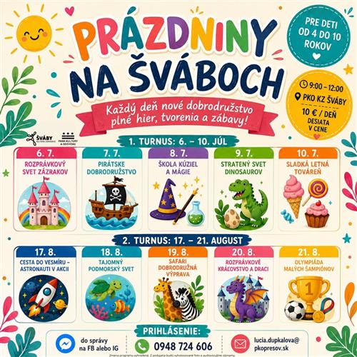 PRÁZDNINY NA ŠVÁBOCH | Tvorivé a herné aktivity pre deti počas letných prázdnin